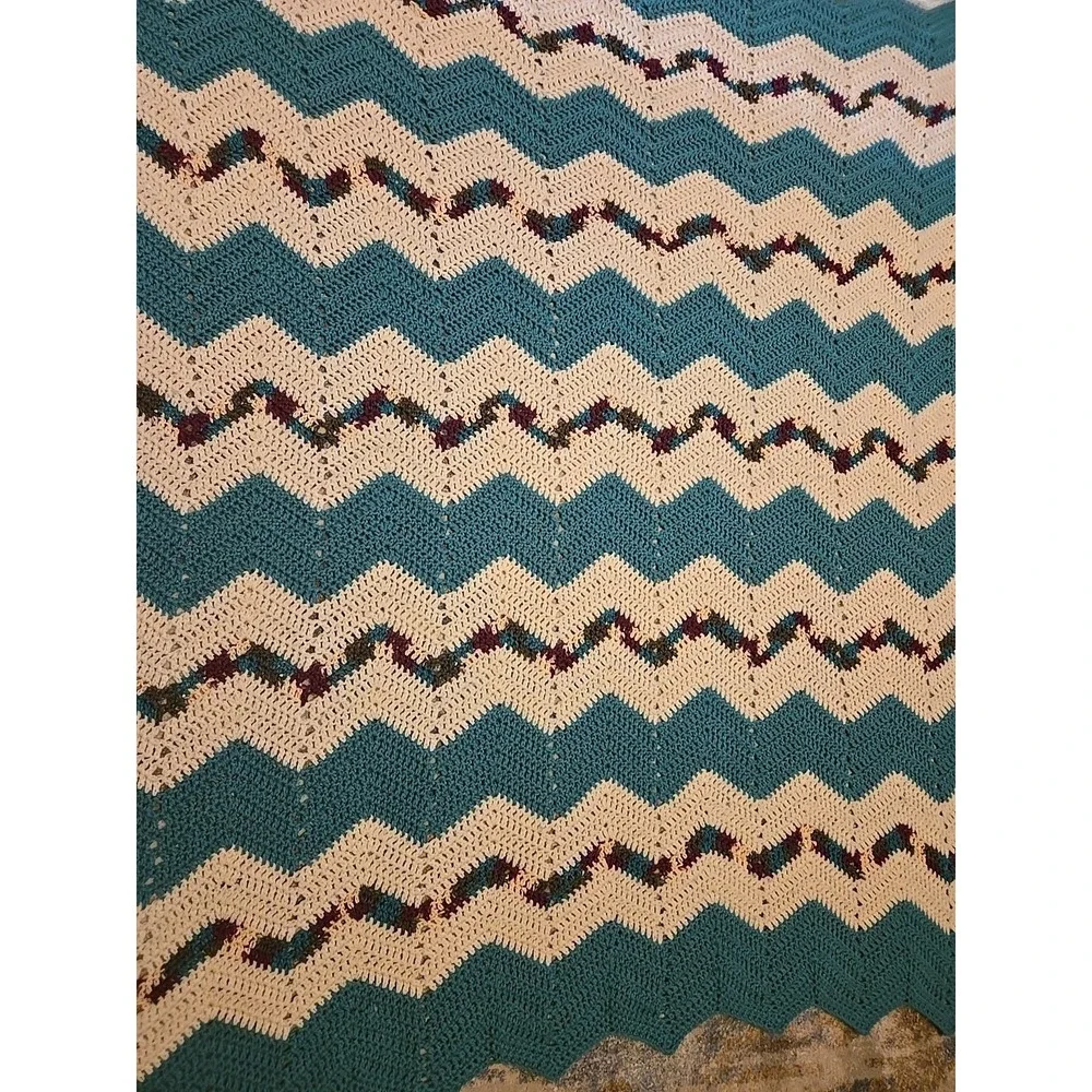 VTG 70s Crochet Afghan Blanket Turquoise White Burgundy Chevron Boho MCM 67x57